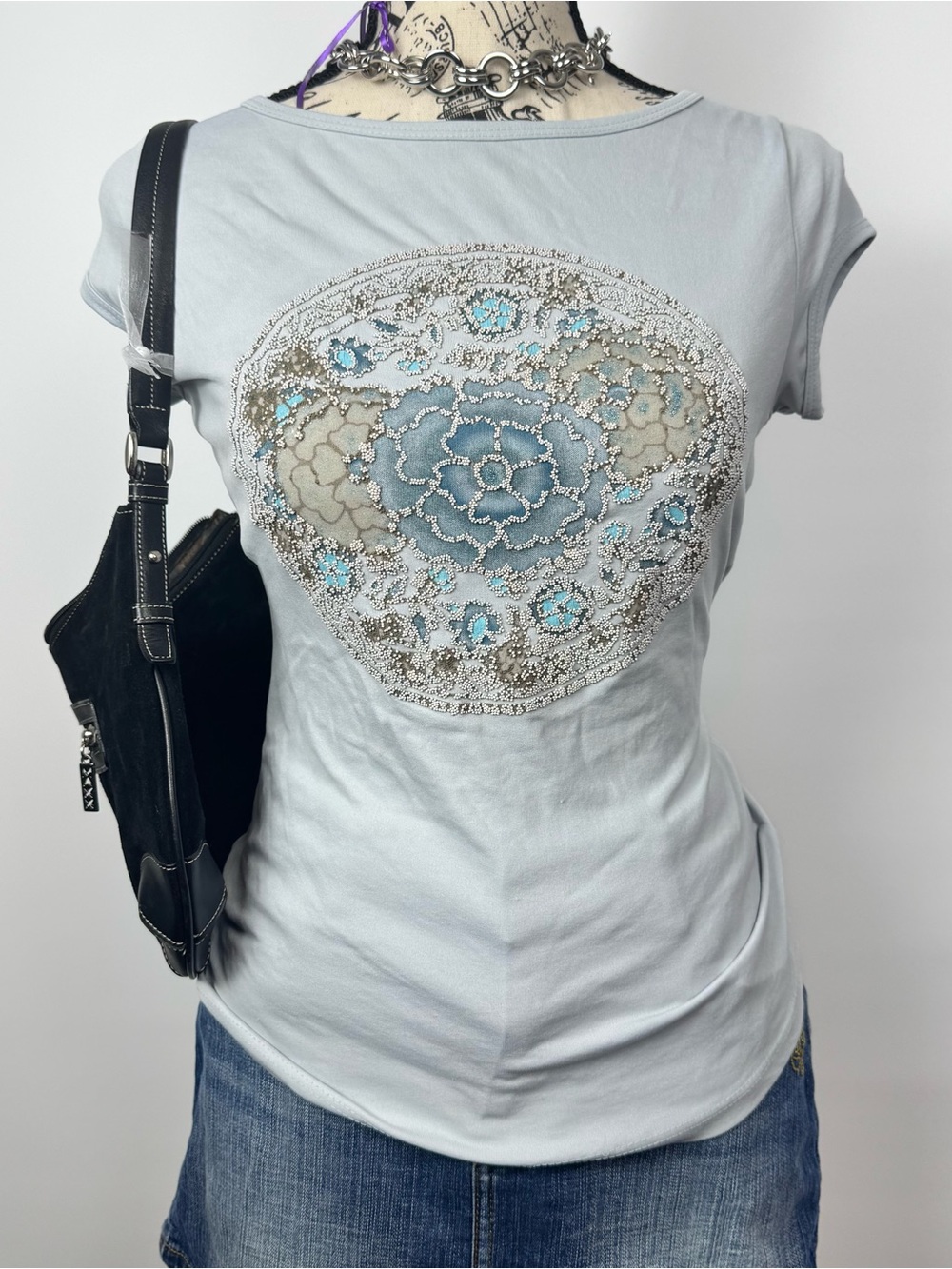 Embellished Pale Blue Floral Medallion Short Sleeve Tee
